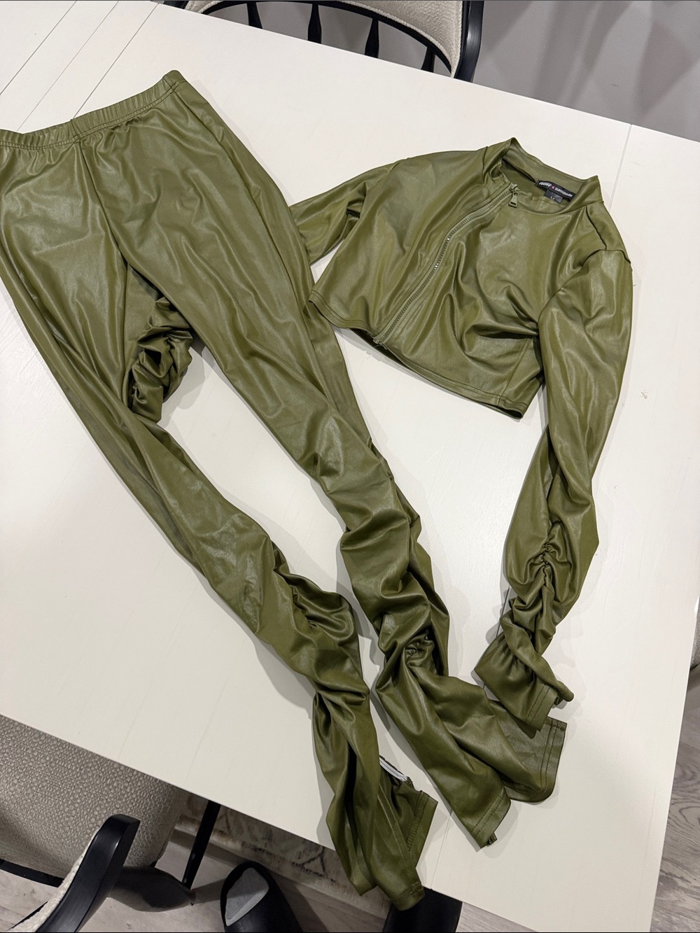 Olive Faux Leather Ruched Joggers & Cropped Jacket Set